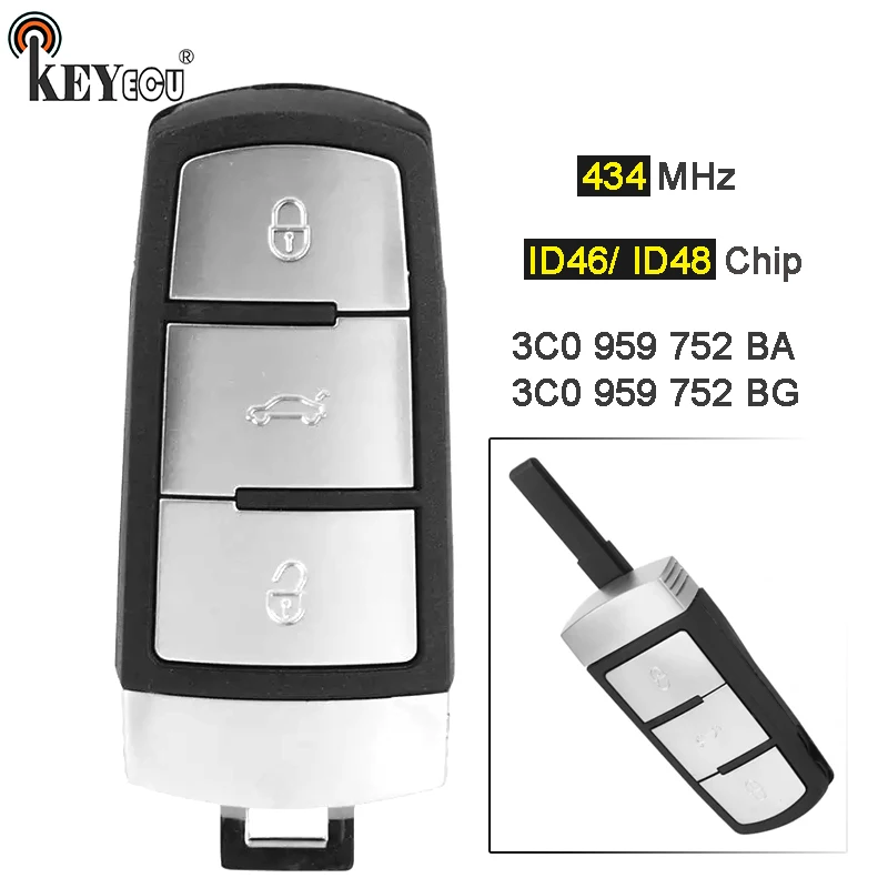 KEYECU 434MHz ID46/ ID48 Chip 3C0 959 752 BA/ BG 3 Button Smart Remote Key Fob for VW VolkMagotan Passat CC B6 2009-2013 
KEYECU 434MHz ID46/ ID48 Chip 3C0 959 752 BA/ BG 3 Button Smart Remote Key Fob for VW VolkMagotan Passat CC B6 2009-2013