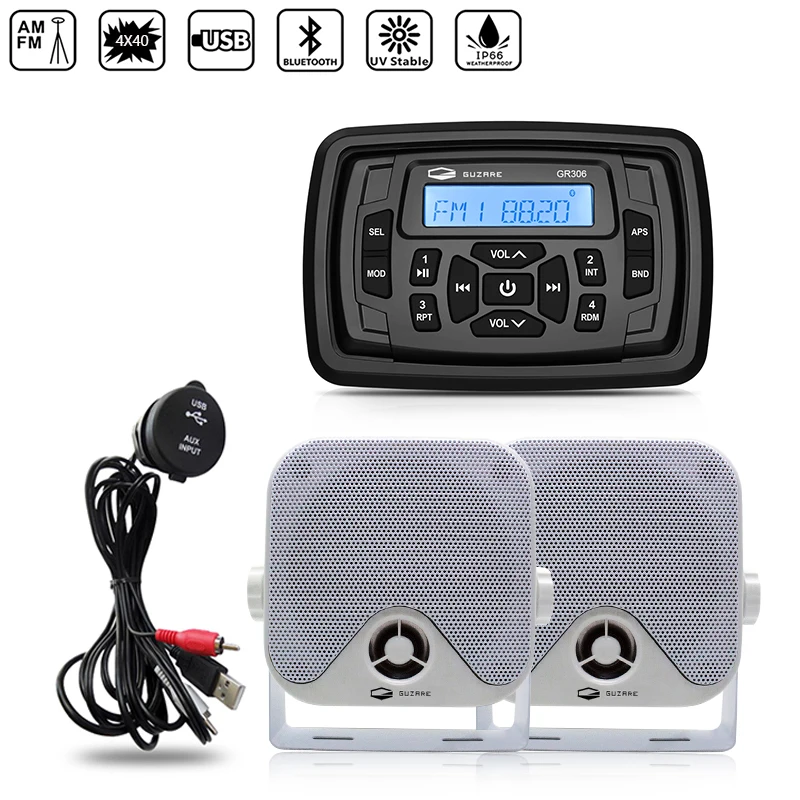 Marine Stereo Audio Boat Radio Bluetooth Receiver Car MP3 Player+4inch Marine Speakers+Boat USB Cable For RV UTV SPA Motorcycle
Marine Stereo Audio Boat Radio Bluetooth Receiver Car MP3 Player+4inch Marine Speakers+Boat USB Cable For RV UTV SPA Motorcycle