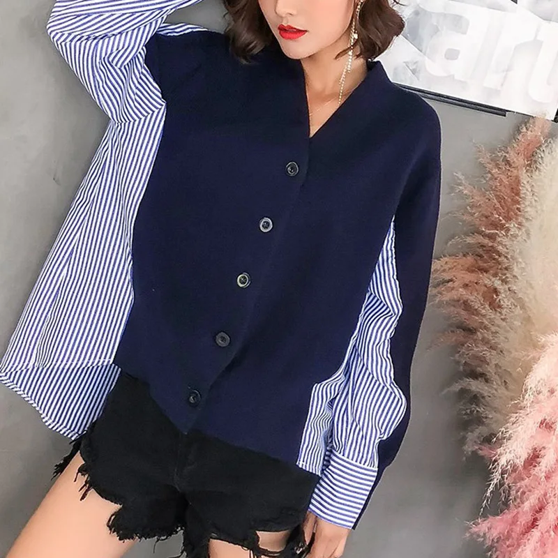 19135 Women Patchwork Striped Sweater Knitting Cardigan Fashion v-Neck Korean Style Fake Two-Piece Shirts Office Lady Blouse
19135 Women Patchwork Striped Sweater Knitting Cardigan Fashion v-Neck Korean Style Fake Two-Piece Shirts Office Lady Blouse
