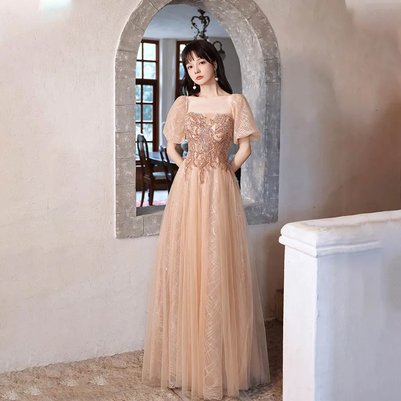 Evening Dress Luxurious Sequins Appliques Short Sleeves Floor-Length Square Collar Lace Up A-Line Woman Formal Party Gowns A1967
Evening Dress Luxurious Sequins Appliques Short Sleeves Floor-Length Square Collar Lace Up A-Line Woman Formal Party Gowns A1967