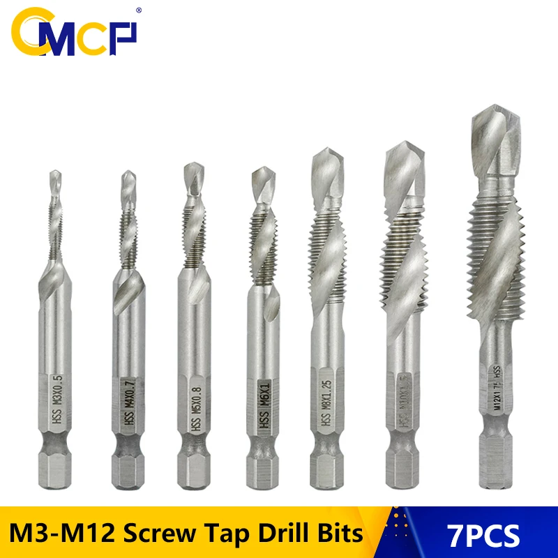 CMCP 7pcs M3-M12 Screw Tap Drill Bits HSS4341 Taps Woodworking Metric Combination Bit 1/4 Hex Shank Thread Taps
CMCP 7pcs M3-M12 Screw Tap Drill Bits HSS4341 Taps Woodworking Metric Combination Bit 1/4 Hex Shank Thread Taps