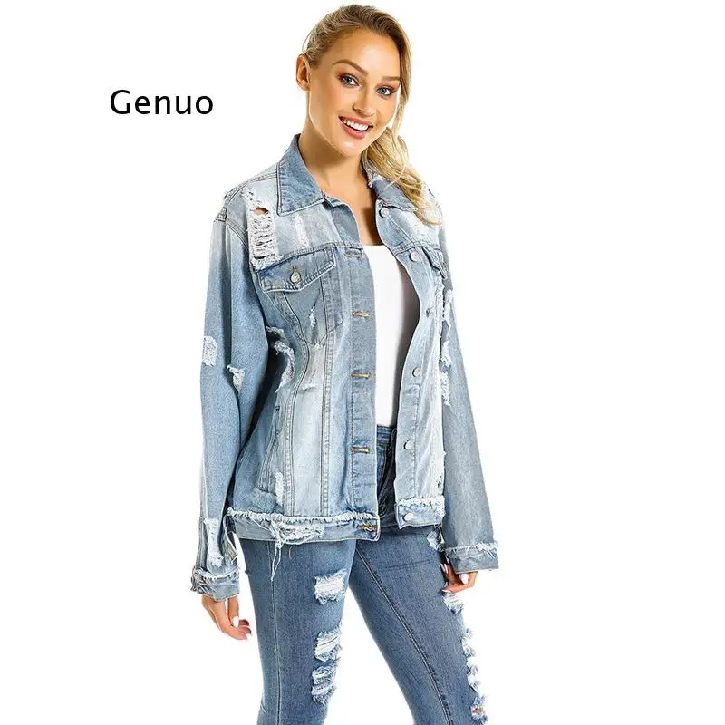 Women Denim Loose Coat Holes Blue Female Vintage Casual Jacket Single Breasted Lady Outwear Spring Autumn Fashion
Women Denim Loose Coat Holes Blue Female Vintage Casual Jacket Single Breasted Lady Outwear Spring Autumn Fashion