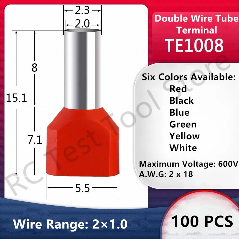 100PCS TE1008 Double Pipe 0.5~6.0² Cold Pressed End Double Wire Tube Shaped Insulated Tubular Terminal
100PCS TE1008 Double Pipe 0.5~6.0² Cold Pressed End Double Wire Tube Shaped Insulated Tubular Terminal