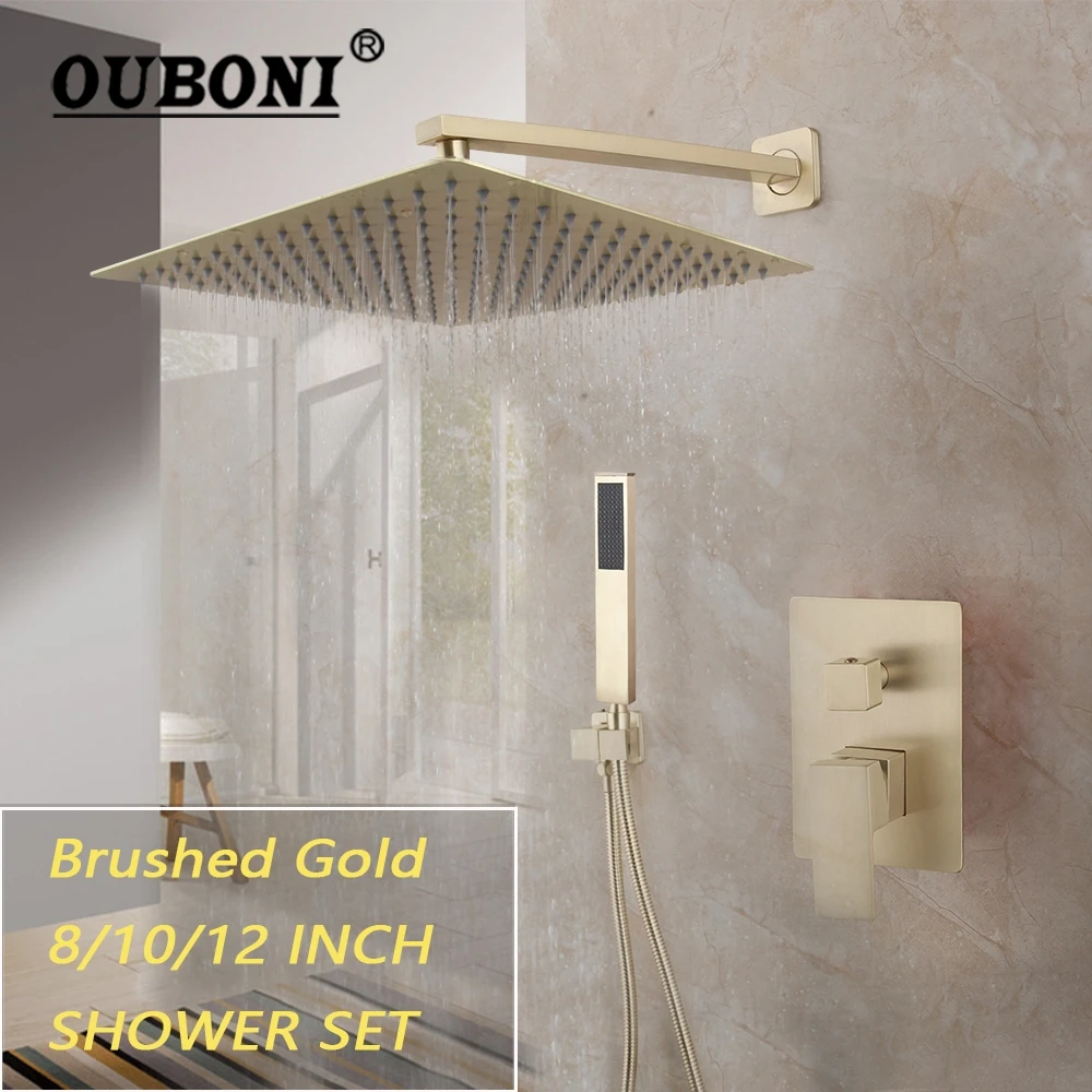 OUBONI Brushed Gold Rainfall Bathroom Shower Set 8/16 Inch Wall Mounted Brass Ultrl-thin Square Shower Head Faucet Set
OUBONI Brushed Gold Rainfall Bathroom Shower Set 8/16 Inch Wall Mounted Brass Ultrl-thin Square Shower Head Faucet Set