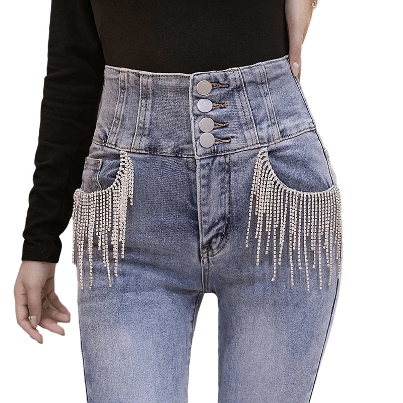 Spring Autumn New Trousers Fashion Heavy Industry Jeans Women Tassel Diamond Pockets High Waist Slim Elastic Thin Speaker Jeans
Spring Autumn New Trousers Fashion Heavy Industry Jeans Women Tassel Diamond Pockets High Waist Slim Elastic Thin Speaker Jeans