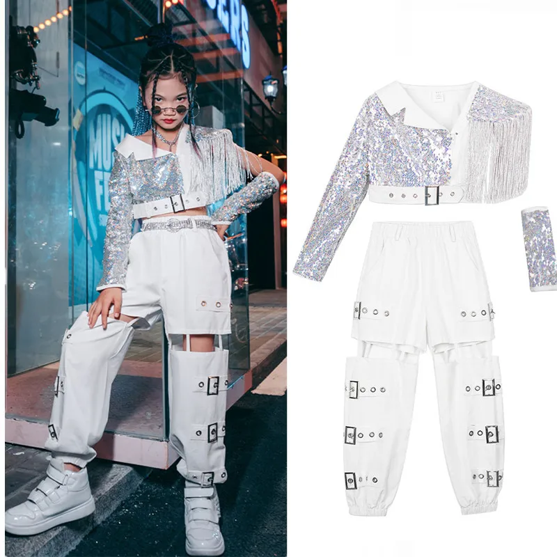 2021 Kids Jazz Dance Costumes Sequin Fringe Tops White Pants Modern Street Dance Stage Performance Clothing Hip Hop dance Suit
2021 Kids Jazz Dance Costumes Sequin Fringe Tops White Pants Modern Street Dance Stage Performance Clothing Hip Hop dance Suit