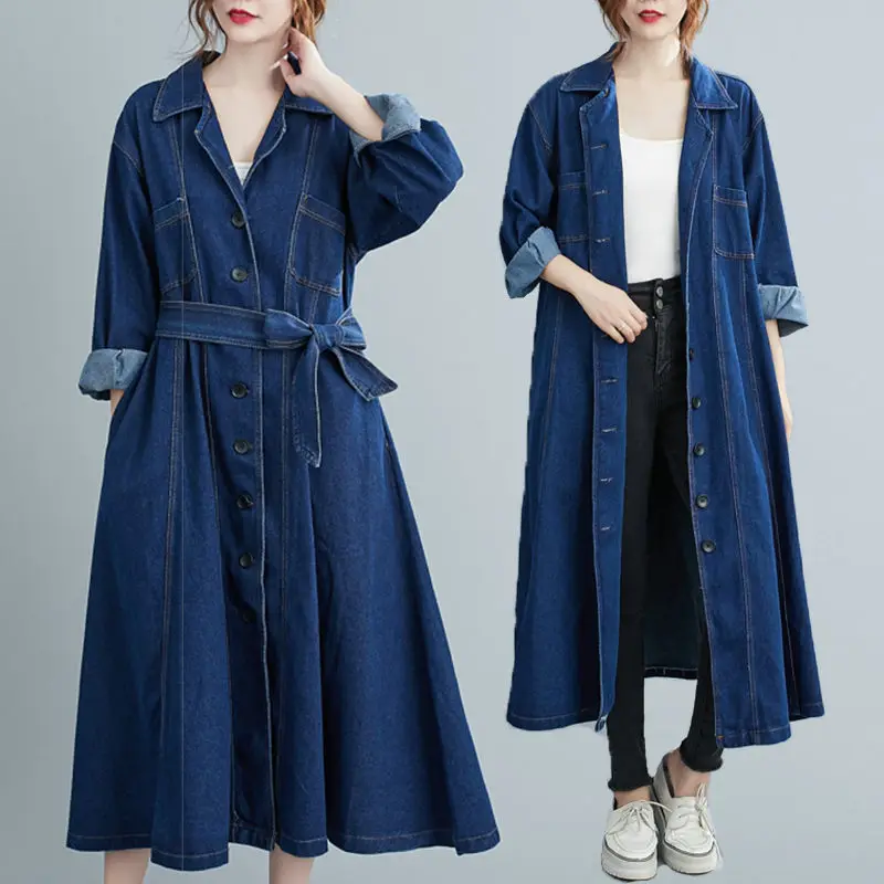 Women's Autumn Spring Denim Trench Coat Loose Casual Suit Collar Long Fashion Jeans Windbreaker With Belt Jaqueta y106
Women's Autumn Spring Denim Trench Coat Loose Casual Suit Collar Long Fashion Jeans Windbreaker With Belt Jaqueta y106