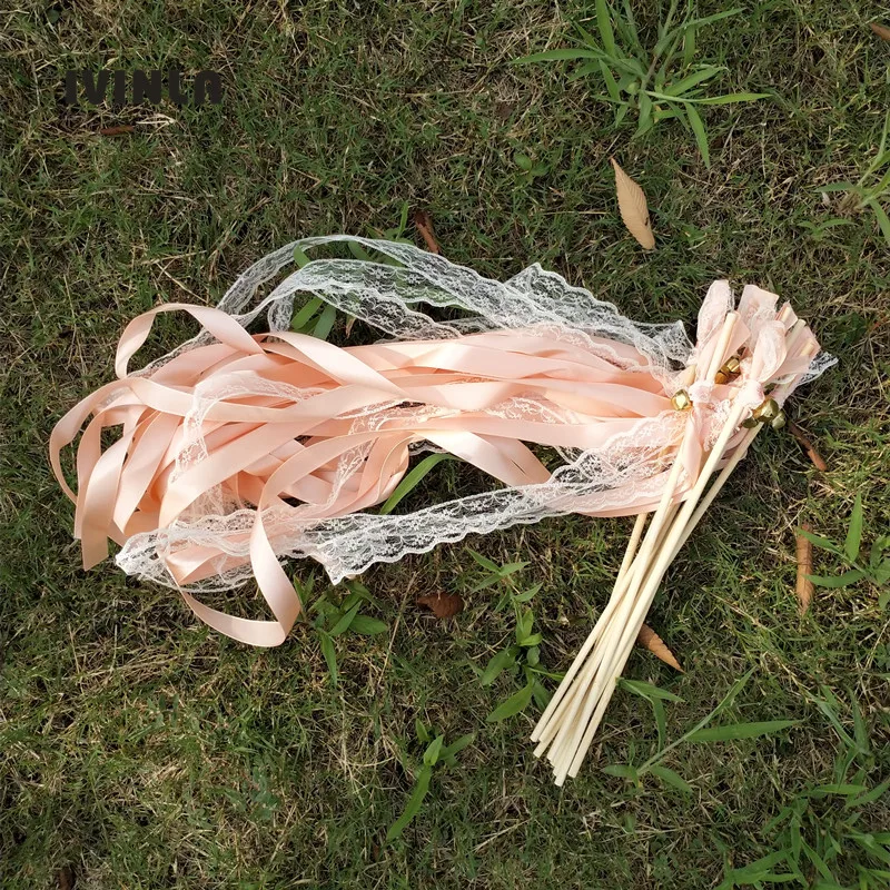 Newest 50pcs/lot Coral Lace Wedding Ribbon Wands and big Bells for wedding decoration
Newest 50pcs/lot Coral Lace Wedding Ribbon Wands and big Bells for wedding decoration