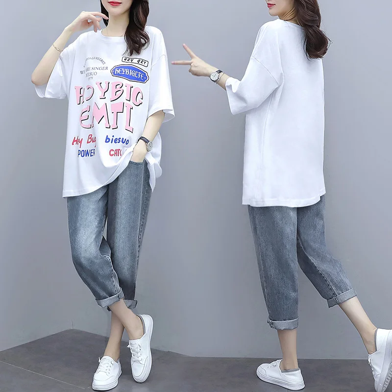 Single/Suits Female Cotton Short Sleeved+Jeans Two Piece Set 2022 Summer Short Sleeve Print T-Shirt And Jeans Women Fashion
Single/Suits Female Cotton Short Sleeved+Jeans Two Piece Set 2022 Summer Short Sleeve Print T-Shirt And Jeans Women Fashion