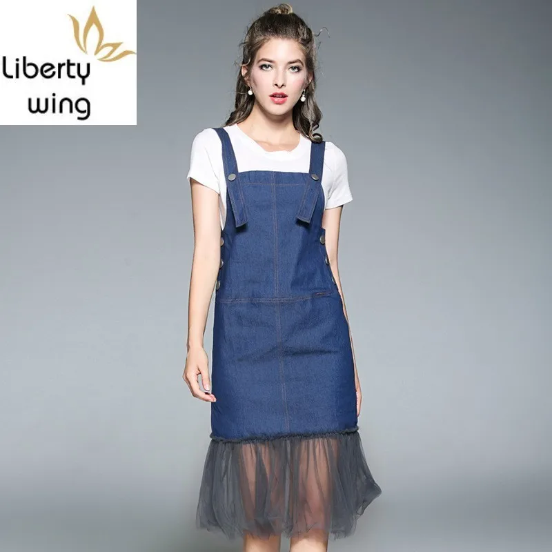 Summer New Women Jeans Set Knitted T-Shirt Knee Length Mesh Denim Suspender Dress Princess Party Ladies Casual Suits
Summer New Women Jeans Set Knitted T-Shirt Knee Length Mesh Denim Suspender Dress Princess Party Ladies Casual Suits