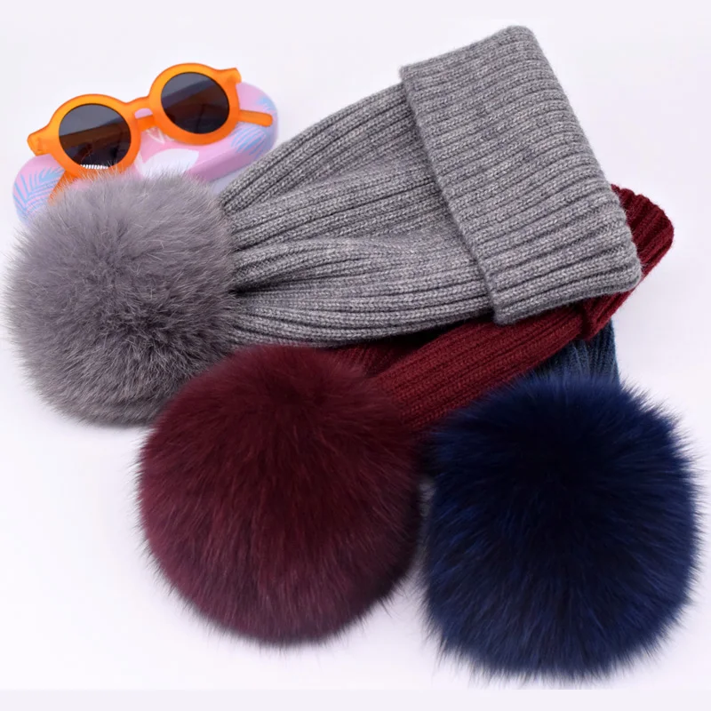 

2022 Natural Fox Fur Pompon Hat Thick Winter for Women Cap Beanie Hats Knitted Cashmere Wool Caps Female Skullies Beanies