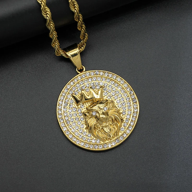 Hip Hop Bling Iced Out Rhinestones Stainless Steel Crown Lion Round Pendant Necklace for Men Rapper Jewelry
Hip Hop Bling Iced Out Rhinestones Stainless Steel Crown Lion Round Pendant Necklace for Men Rapper Jewelry