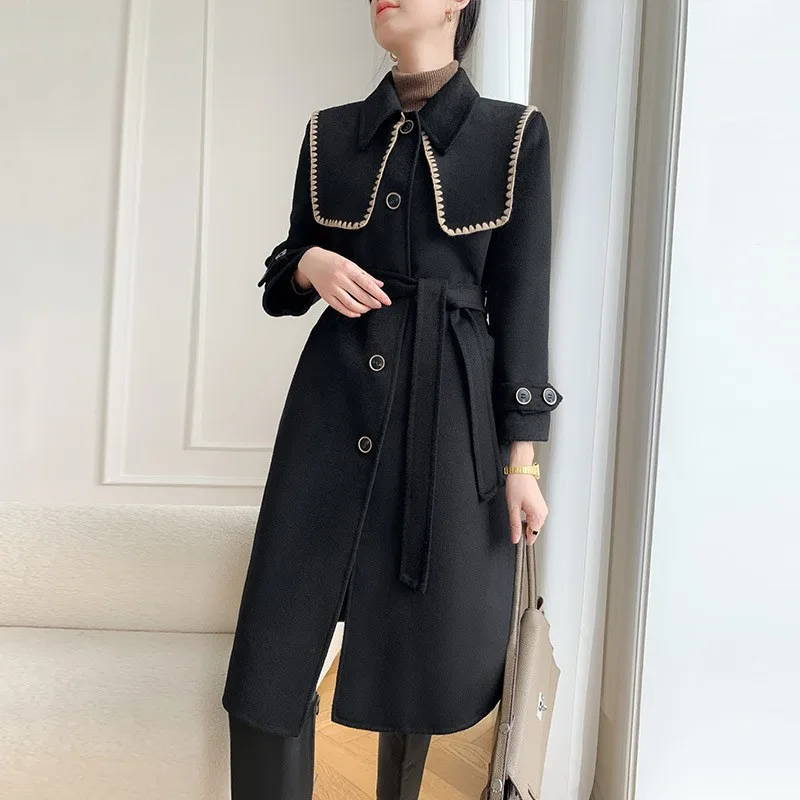 Women Elegant Long Wool Coat With Belt Navy Collar Black Double-faced Cashmere Overcoat Long Sleeve Outwear Fall Winter New 2022
Women Elegant Long Wool Coat With Belt Navy Collar Black Double-faced Cashmere Overcoat Long Sleeve Outwear Fall Winter New 2022
