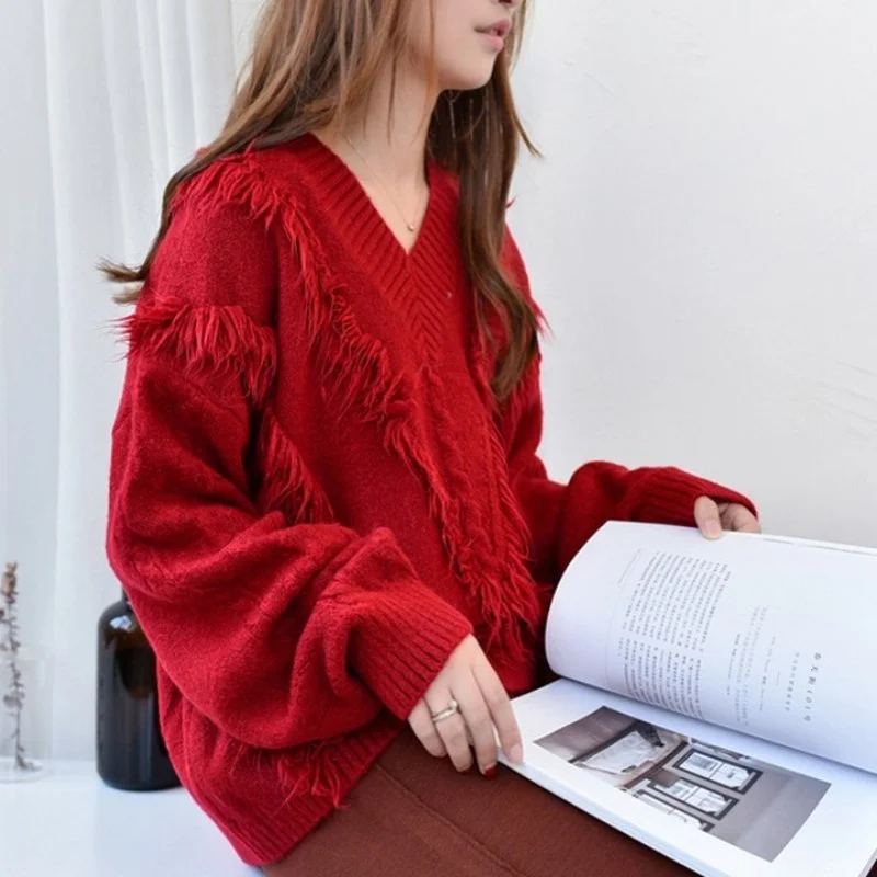 Winter Autumn New Women Loose Thick V-Neck Tassel Knitting Tops Straight Pullover Sweaters Solid Color Long Sleeve Sweater
Winter Autumn New Women Loose Thick V-Neck Tassel Knitting Tops Straight Pullover Sweaters Solid Color Long Sleeve Sweater