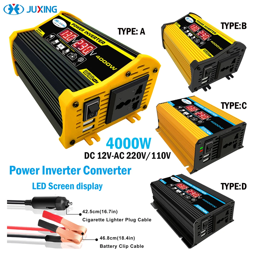 JUXING 4000W Power Inverter Converter With Double Digital Display Transformer DC 12V to AC 220V 2 USB Use for Car, Outdoor
JUXING 4000W Power Inverter Converter With Double Digital Display Transformer DC 12V to AC 220V 2 USB Use for Car, Outdoor