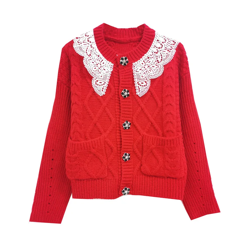 The new spring 2021 lace collar stitching knitting knitting cardigan sweater female drill
The new spring 2021 lace collar stitching knitting knitting cardigan sweater female drill