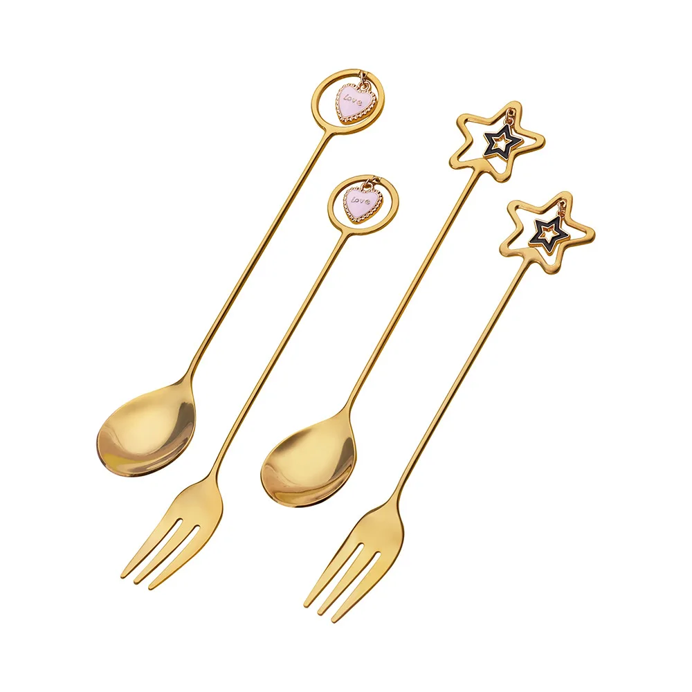 4 pcs Creativity Spoons Fork Mini Metal Gold Pendant Coffee Spoon Snacks Fruit Prikkers Dessert Fork Kitchen Tool Drop Shipping
4 pcs Creativity Spoons Fork Mini Metal Gold Pendant Coffee Spoon Snacks Fruit Prikkers Dessert Fork Kitchen Tool Drop Shipping