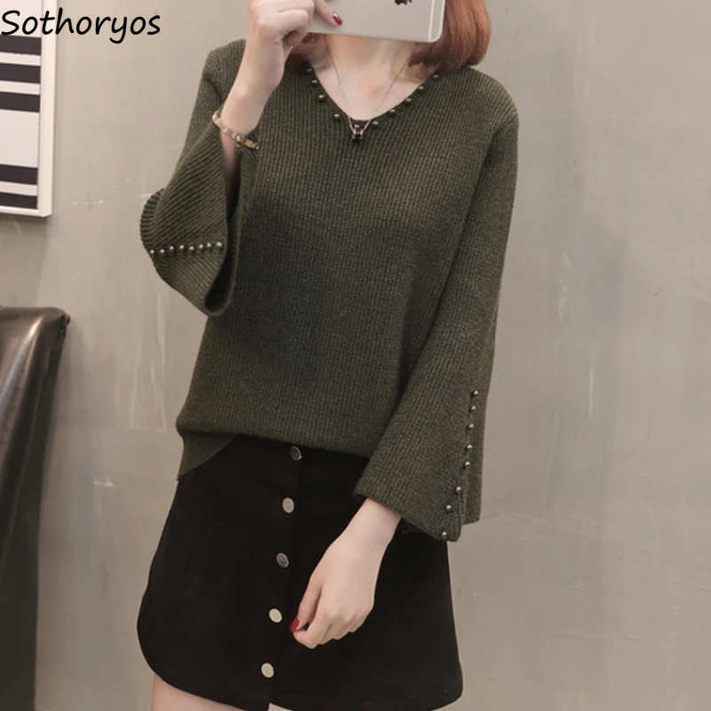 Pullovers Women V-neck Simple Korean Style Solid Flare Sleeve Casual All-match Females Fashionable Clothing Vintage Elegant Chic
Pullovers Women V-neck Simple Korean Style Solid Flare Sleeve Casual All-match Females Fashionable Clothing Vintage Elegant Chic