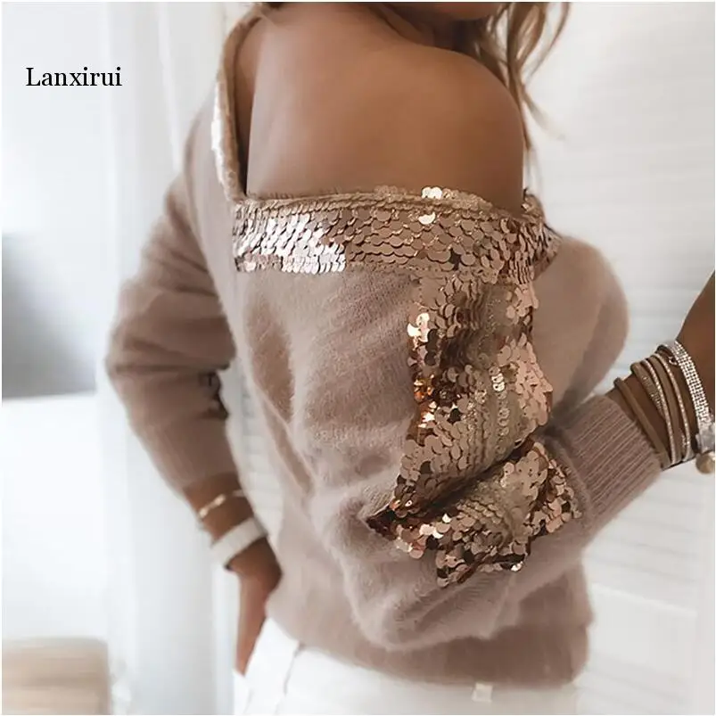 Elegant Off Shoulder V Neck Autumn Sweaters Vintage Sequin Patchwork Knitted Sweater Casual Women Long Sleeve Pullover Tops
Elegant Off Shoulder V Neck Autumn Sweaters Vintage Sequin Patchwork Knitted Sweater Casual Women Long Sleeve Pullover Tops