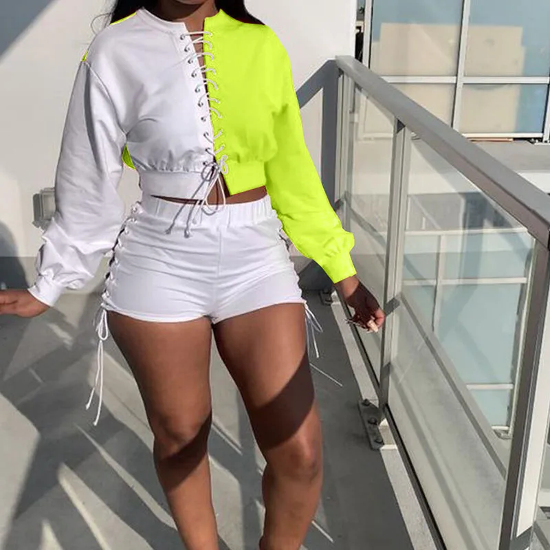 Осенний уличный комплект из 2 предметов, искусственные Лоскутные укороченные топы и шорты на шнуровке, повседневный спортивный костюм, женский тренировочный костюм
Осенний уличный комплект из 2 предметов, искусственные Лоскутные укороченные топы и шорты на шнуровке, повседневный спортивный костюм, женский тренировочный костюм