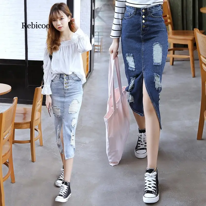 Fashion Bodycon Denim Skirts Womens Single-breasted Ripped Hole Vintage Jeans Skirts Sexy High Waist Split Long Skirt
Fashion Bodycon Denim Skirts Womens Single-breasted Ripped Hole Vintage Jeans Skirts Sexy High Waist Split Long Skirt