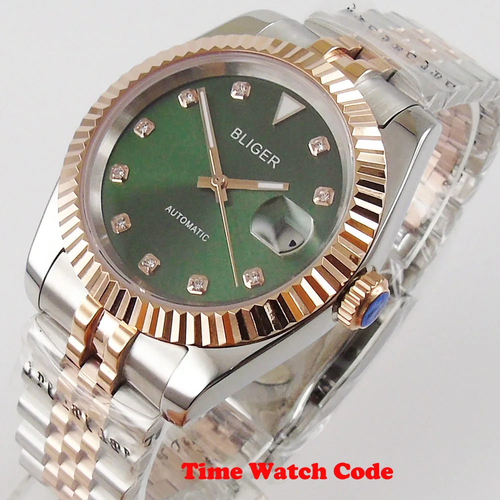 Bliger 39.5mm Automatic Mens Watch Date window Sapphire glass Green dial golden bezel solid bracelet
Bliger 39.5mm Automatic Mens Watch Date window Sapphire glass Green dial golden bezel solid bracelet