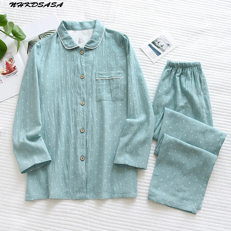 Pajamas Women's 100% Cotton Double-Layer Gauze Tops Mujer Men Thin Long Sleeve Trousers Turn-down Collar 2 Piece Home Clothes
Pajamas Women's 100% Cotton Double-Layer Gauze Tops Mujer Men Thin Long Sleeve Trousers Turn-down Collar 2 Piece Home Clothes