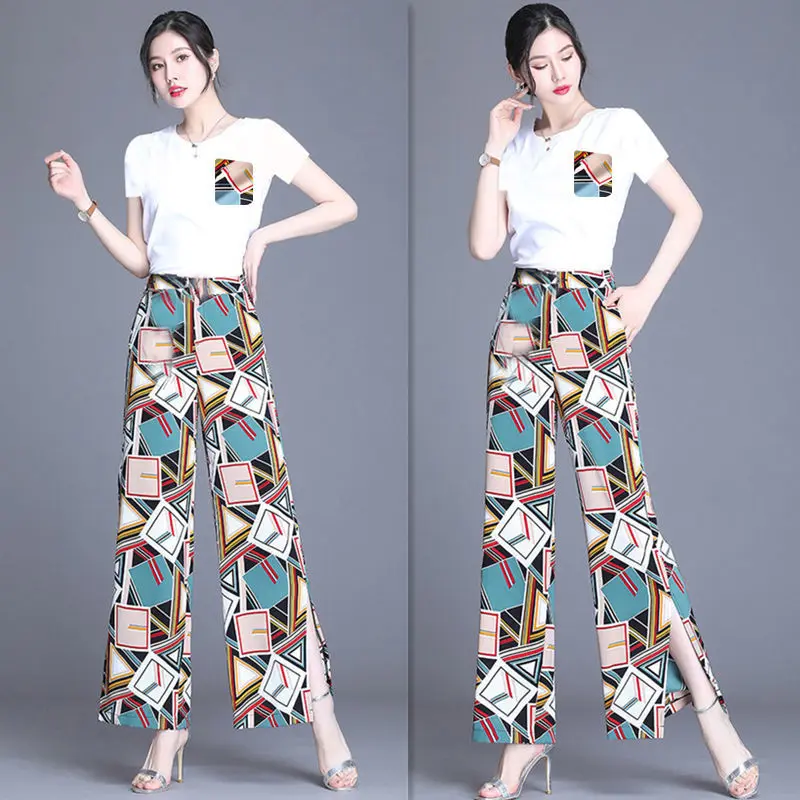 Single/Suit Cotton T-Shirt+Chiffon Print Wide Leg Pants Sets Lady Summer Drape Straight Pant Two Piece Set Women Fashion Sets
Single/Suit Cotton T-Shirt+Chiffon Print Wide Leg Pants Sets Lady Summer Drape Straight Pant Two Piece Set Women Fashion Sets