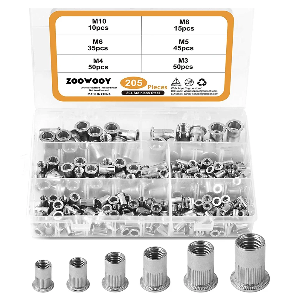 205PCS 304 Stainless Steel Rivet Nut Assort Set Flat Head Threaded Rivetnut Insert Nutserts Assortment Kit M3| M4| M5| M6| M8
205PCS 304 Stainless Steel Rivet Nut Assort Set Flat Head Threaded Rivetnut Insert Nutserts Assortment Kit M3| M4| M5| M6| M8