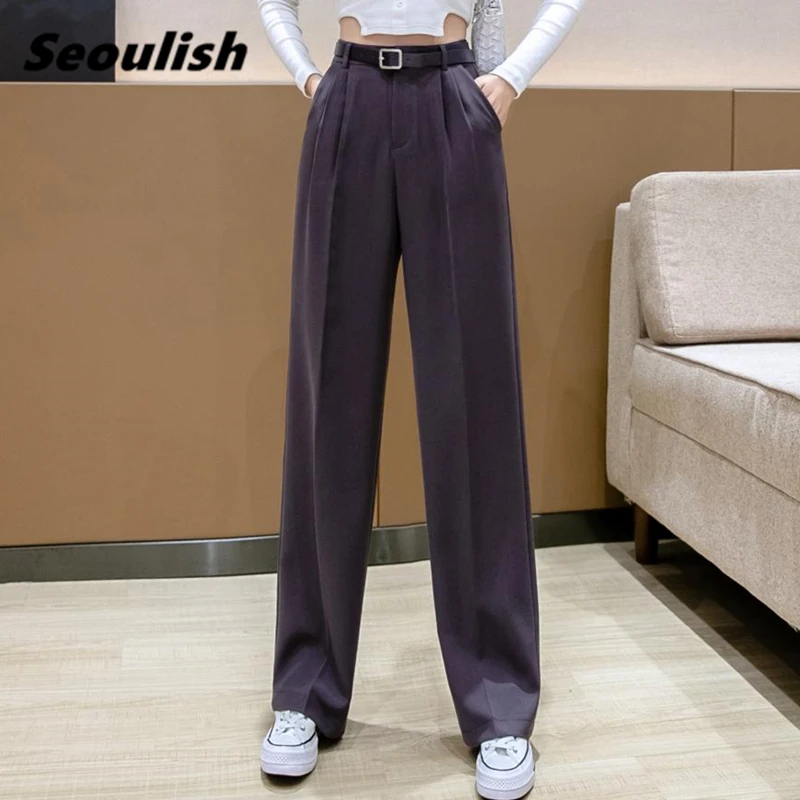 Seoulish 2021 New Formal Women's Wide Leg Long Pants with Belt Purple High Waist Female Workwear Elegant Trouses Pockets Spring
Seoulish 2021 New Formal Women's Wide Leg Long Pants with Belt Purple High Waist Female Workwear Elegant Trouses Pockets Spring