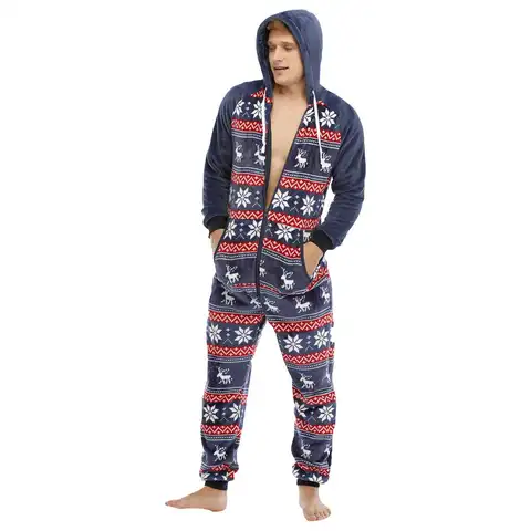 Men Jumpsuit Pajama Warm Fleece Onesie Christmas Elk Print Long Sleeve Pajamas Flannel Zipper Hoodie Leisure Man Onesie Adults
