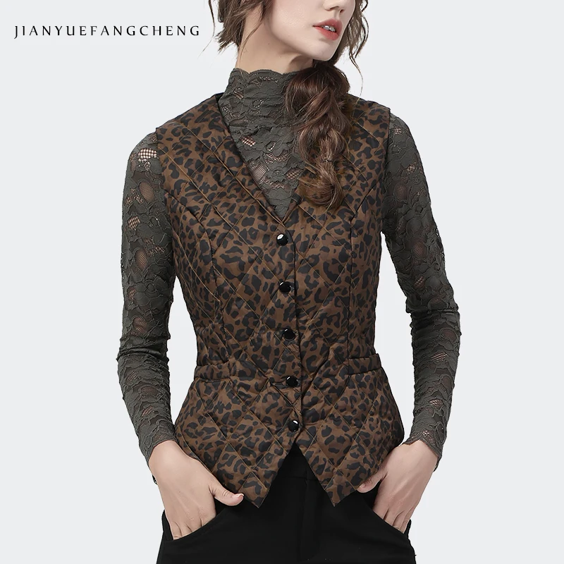 Fashion Womens Brown Leopard Down Vest Inside Sleeveless Warm White Duck Down Vests V-Neck Short Single-breasted Snaps Vest
Fashion Womens Brown Leopard Down Vest Inside Sleeveless Warm White Duck Down Vests V-Neck Short Single-breasted Snaps Vest