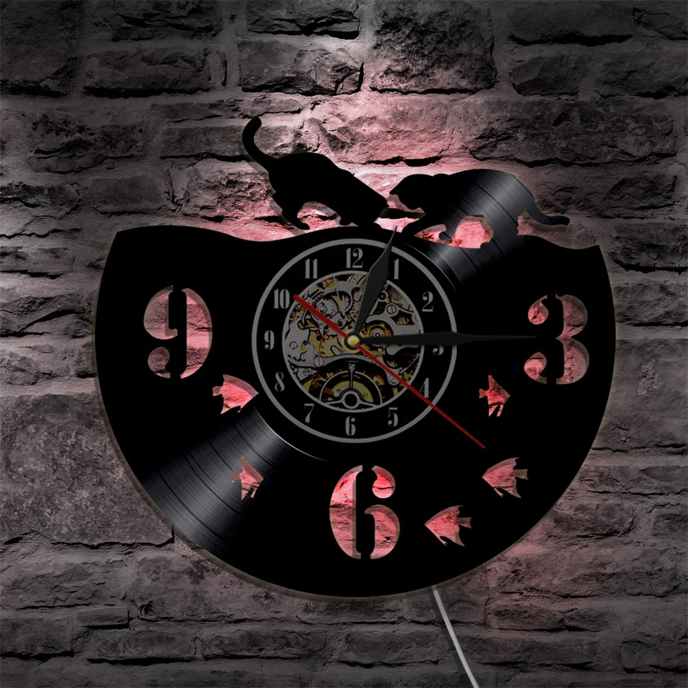 Couple Cat And Fish Vinyl Record Wall Clock With LED Backlight Home Decor Night Light Kitty Silent Wall Watch LED Hanging Lamp
Couple Cat And Fish Vinyl Record Wall Clock With LED Backlight Home Decor Night Light Kitty Silent Wall Watch LED Hanging Lamp