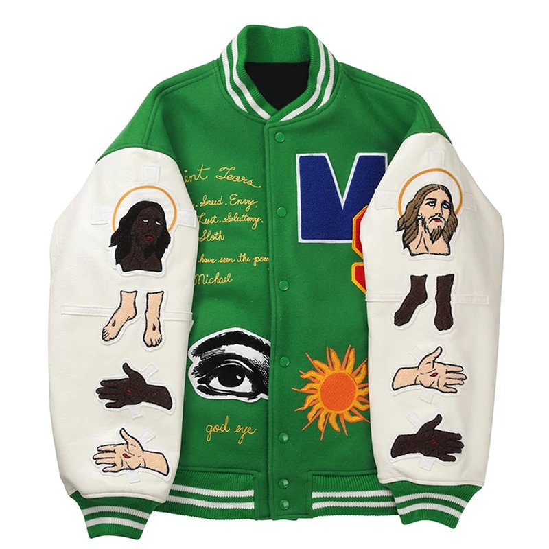 Eyes Sun Embroidery Varsity Jacket Men Hip Hop Color Matching Green Baseball Uniform Couple Bomber Jacket Fall Loose Casual Caot
Eyes Sun Embroidery Varsity Jacket Men Hip Hop Color Matching Green Baseball Uniform Couple Bomber Jacket Fall Loose Casual Caot