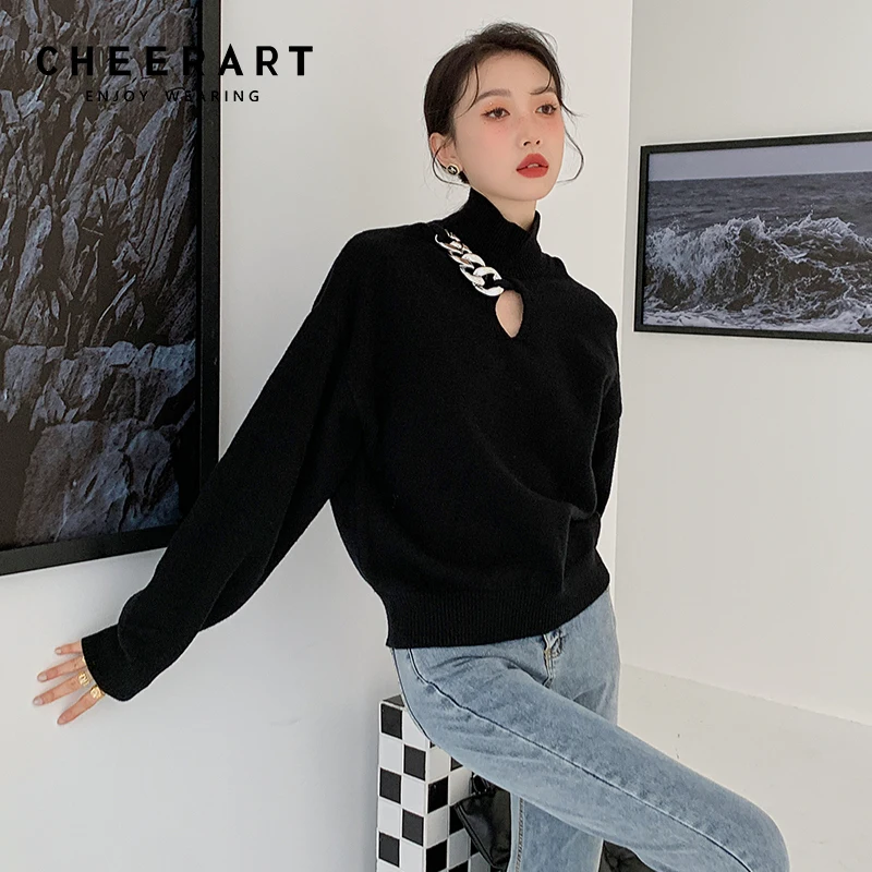 CHEERART Black Knitted Sweater Pullovers Turtle Neck Women Sweatshirts Designer Cut Out Chain Korean Sweater Jumper Winter
CHEERART Black Knitted Sweater Pullovers Turtle Neck Women Sweatshirts Designer Cut Out Chain Korean Sweater Jumper Winter