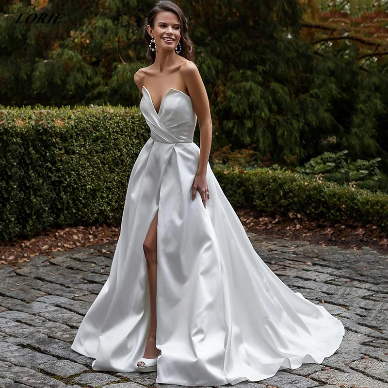 LORIE Sexy Side Slit Satin Wedding Dresses Off Shoulder Sweetheart Lace Up Back Boho Bridal Gowns A-Line Bridal Dress Plus Size
LORIE Sexy Side Slit Satin Wedding Dresses Off Shoulder Sweetheart Lace Up Back Boho Bridal Gowns A-Line Bridal Dress Plus Size