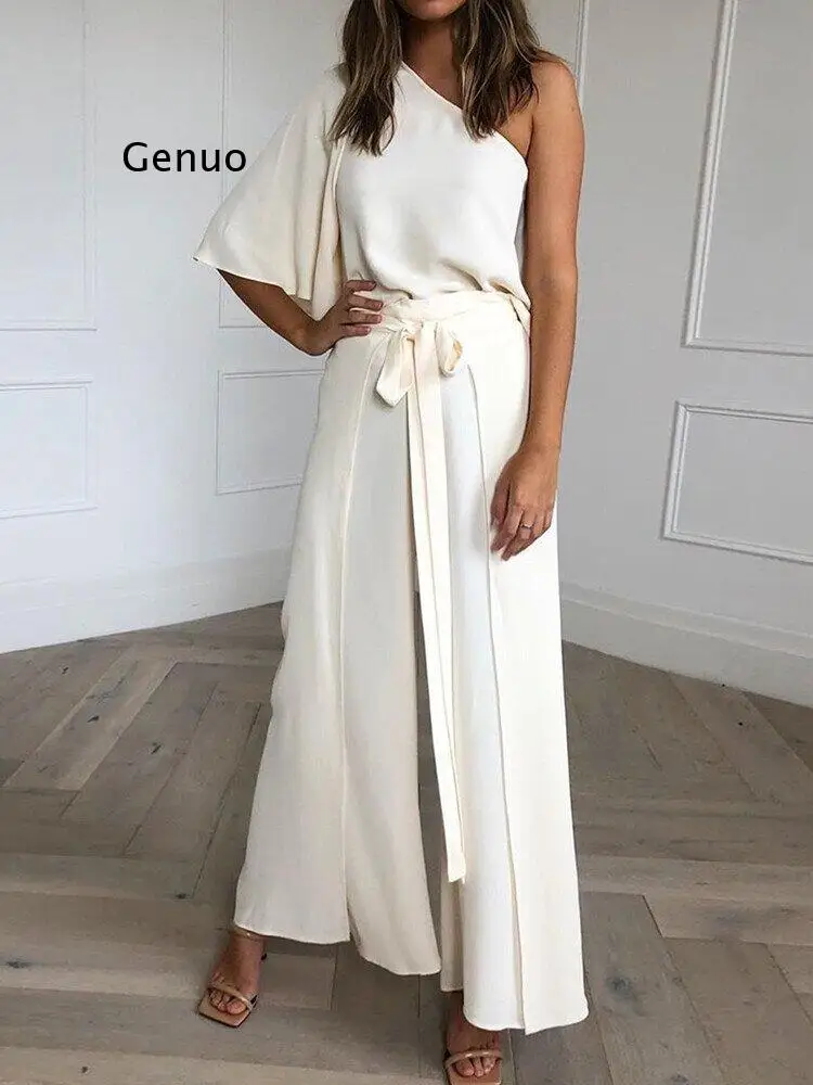 Summer One-Shoulder 2 Pieces Lace Up Women's Sets Half Sleeve Top Wide Leg Pants Solid Female Set 2021 Elegant Fashion Lady Suit 
Summer One-Shoulder 2 Pieces Lace Up Women's Sets Half Sleeve Top Wide Leg Pants Solid Female Set 2021 Elegant Fashion Lady Suit