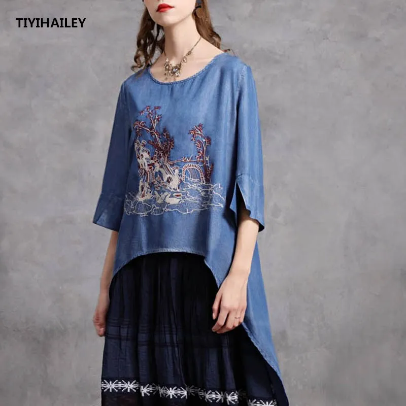 TIYIHAILEY Chinese Style Cotton Denim Shirt For Women Half Sleeve Embroidery Tops O neck M L High Low Tees 2024 New Fashion
TIYIHAILEY Chinese Style Cotton Denim Shirt For Women Half Sleeve Embroidery Tops O neck M L High Low Tees 2024 New Fashion
