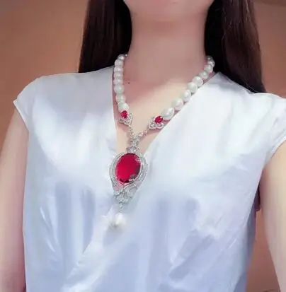 Hand knotted natural white freshwater pearl red zircon micro inlay zircon accessories necklace fashion jewelry
Hand knotted natural white freshwater pearl red zircon micro inlay zircon accessories necklace fashion jewelry