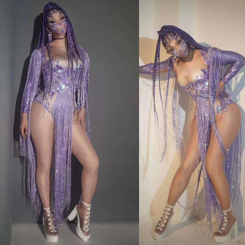 Purple tassel bodysuit Party girl stage show dance jumpsuit Sexy women nighclub wear DJ Singer costume
Purple tassel bodysuit Party girl stage show dance jumpsuit Sexy women nighclub wear DJ Singer costume