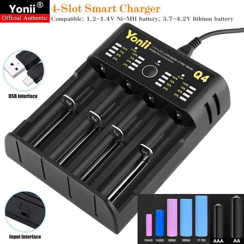 4-Slot USB Smart Charger Compatible:1.2V Ni-MH/3.7V Lithium Battery,Support:18650 AA AAA 26650 Rechargeable Battery Fast Charger
4-Slot USB Smart Charger Compatible:1.2V Ni-MH/3.7V Lithium Battery,Support:18650 AA AAA 26650 Rechargeable Battery Fast Charger