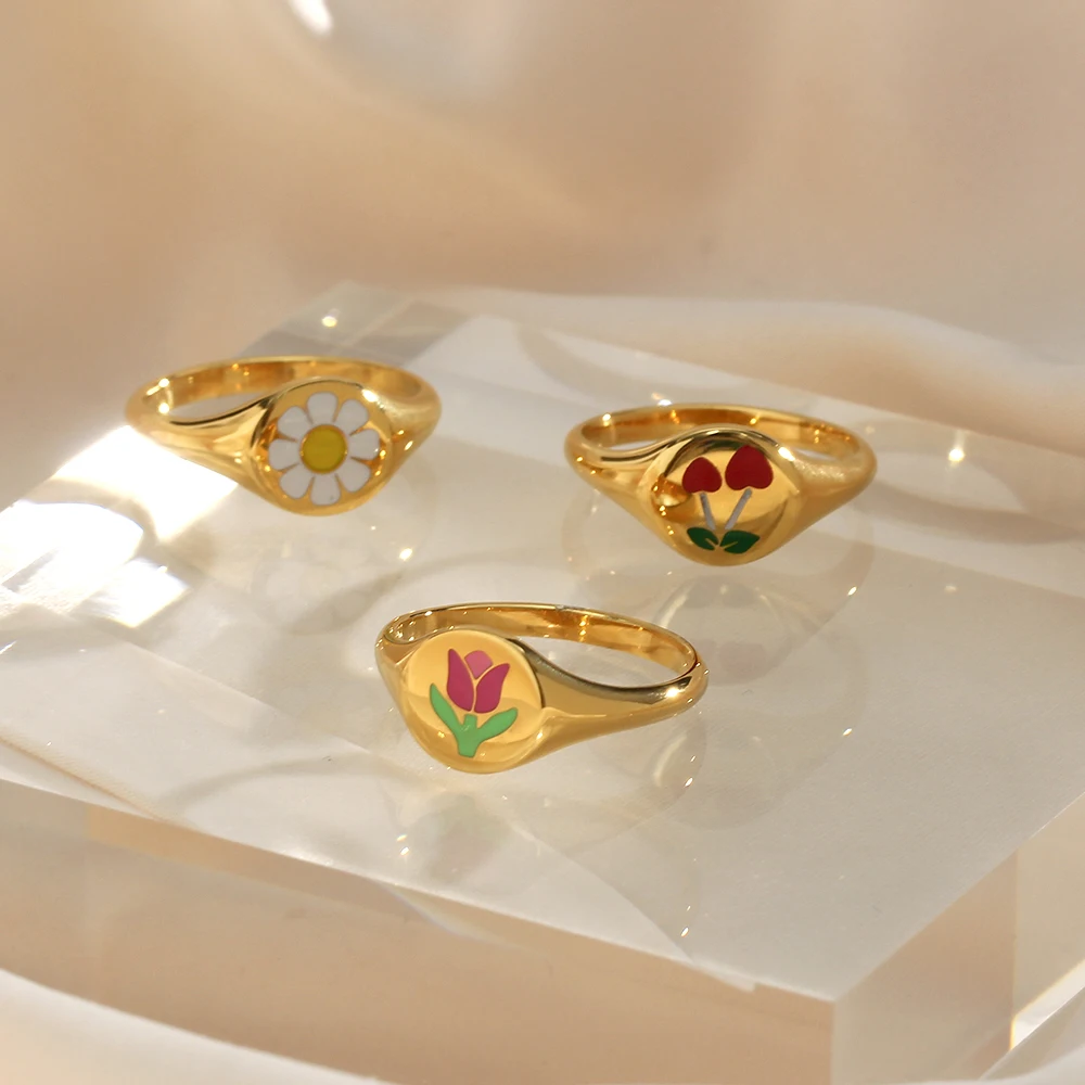 2021 Korean Fashion Jewelry Enamel Tulip Daisy Heart Cherry Pattern Signet Ring Stainless Steel Real Gold Plated Women's Ring
2021 Korean Fashion Jewelry Enamel Tulip Daisy Heart Cherry Pattern Signet Ring Stainless Steel Real Gold Plated Women's Ring