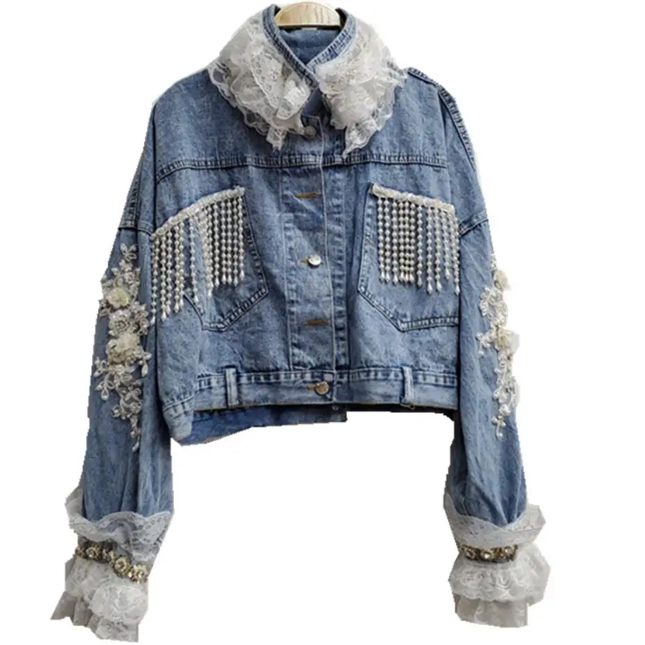 Denim short jacket women spring autumn new fashion heavy work beaded embroidery tassel stitching lace side diamond jacket
Denim short jacket women spring autumn new fashion heavy work beaded embroidery tassel stitching lace side diamond jacket