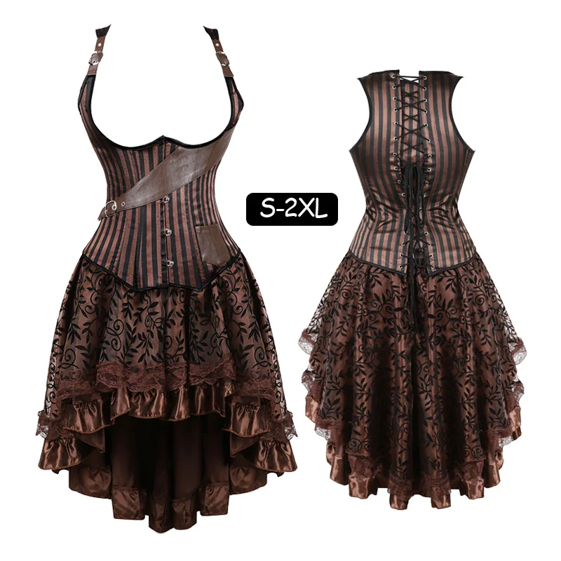 Women Gothic Steampunk Steel Boned Underbust Corset Dress Striped Lingerie Waist Training Corsets Vest Skirt Set Big Size
Women Gothic Steampunk Steel Boned Underbust Corset Dress Striped Lingerie Waist Training Corsets Vest Skirt Set Big Size
