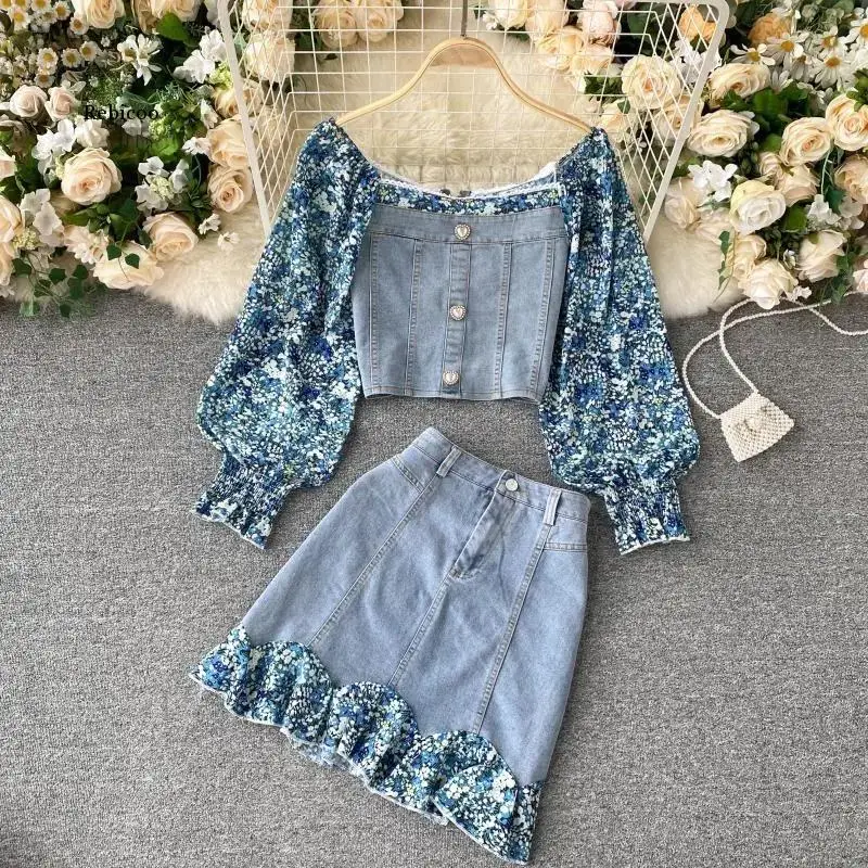 Women's Retro Suit Floral Puff Sleeve Stitching Denim Top Short Skirt Two-Piece Sets Female Slim
Women's Retro Suit Floral Puff Sleeve Stitching Denim Top Short Skirt Two-Piece Sets Female Slim