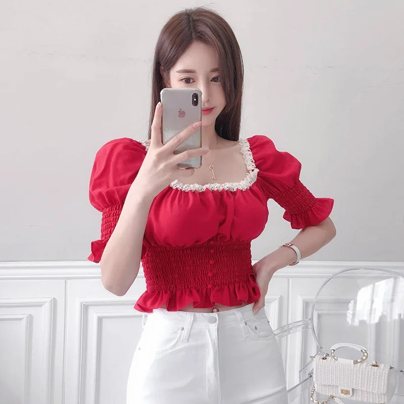 Short shirt women 2020 summer Korean version of square collar pleated Zou Mu ear puff sleeves hit color single breasted all-matc
Short shirt women 2020 summer Korean version of square collar pleated Zou Mu ear puff sleeves hit color single breasted all-matc