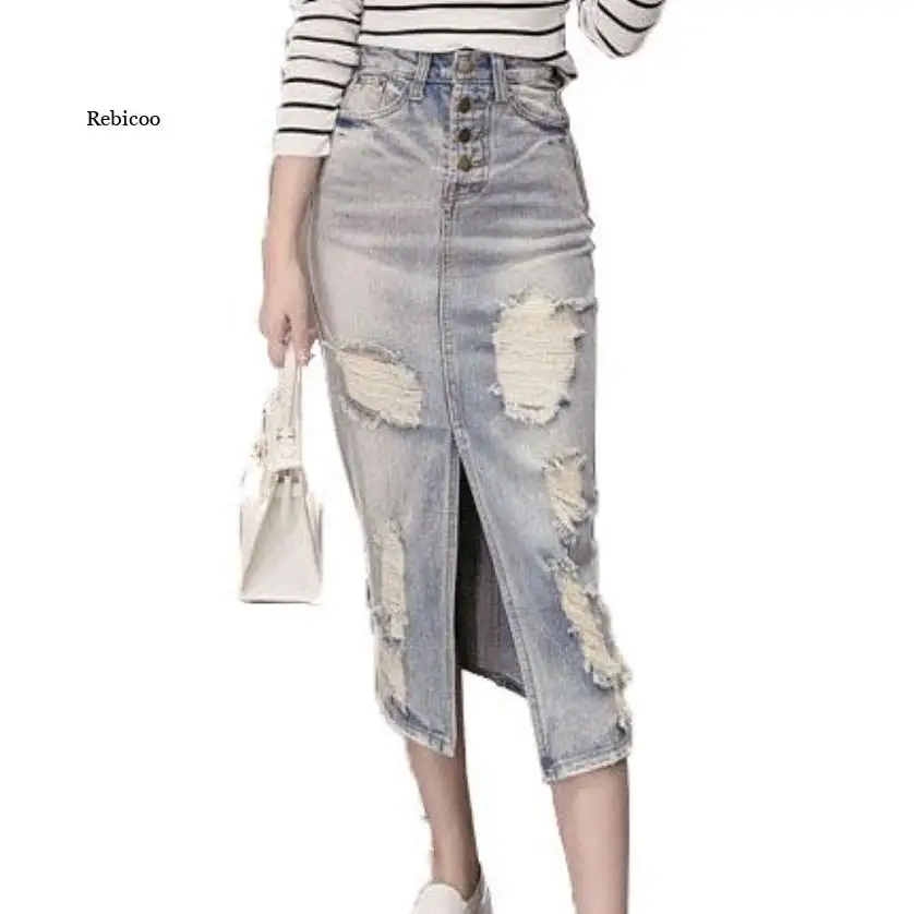 Fashion Denim Skirts Women Single-breasted Ripped Hole Vintage Jeans Skirts High Waist Split
Fashion Denim Skirts Women Single-breasted Ripped Hole Vintage Jeans Skirts High Waist Split