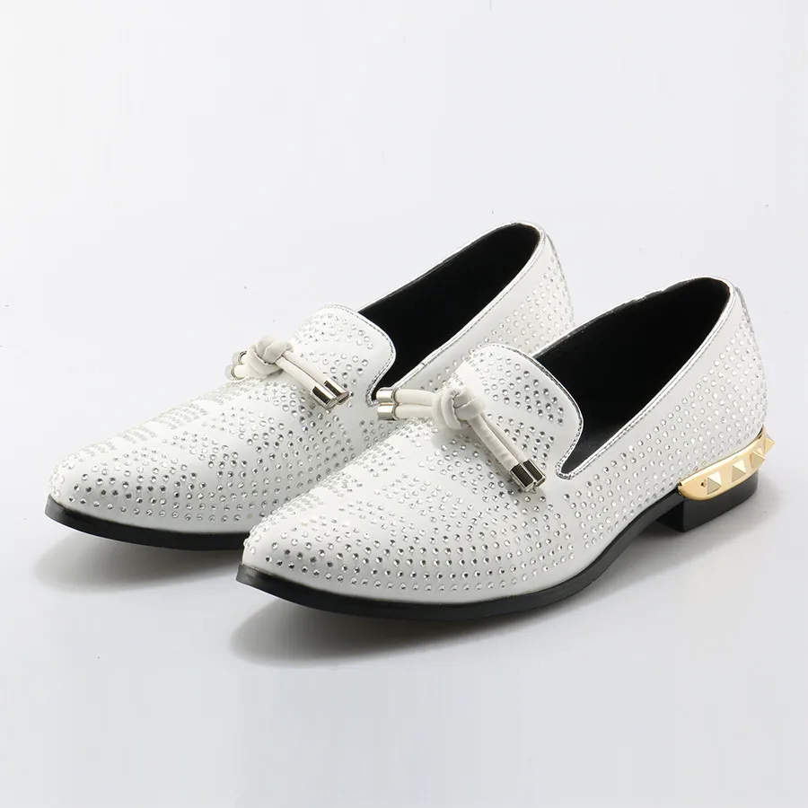 White Genuine Leather Men's Shoes Rhinestone Studded Casual Shoes Crystal Loafers Mens Party Dress Shoes Espadrilles Flats
White Genuine Leather Men's Shoes Rhinestone Studded Casual Shoes Crystal Loafers Mens Party Dress Shoes Espadrilles Flats