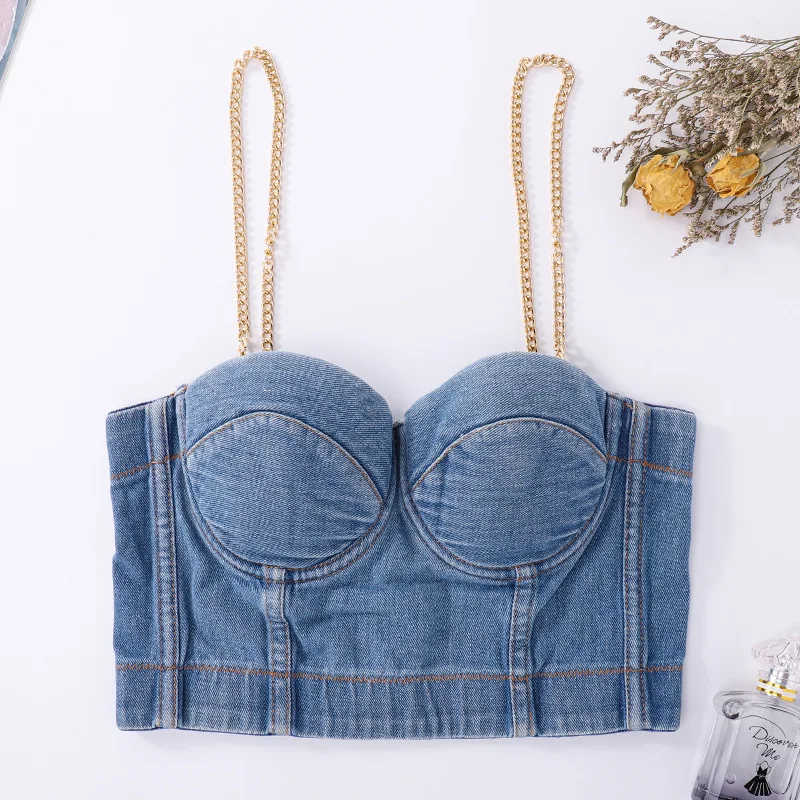 Cupnaya Removable Gold Chains Women Denim Blue Crop Top Sexy Push Up Bustier Padded Corset Camisole Dance Clubwear Tube Vest
Cupnaya Removable Gold Chains Women Denim Blue Crop Top Sexy Push Up Bustier Padded Corset Camisole Dance Clubwear Tube Vest