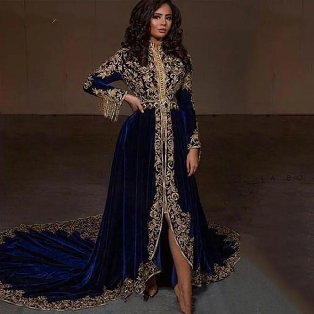 blue Caftan Evening Dresses Long Sleeves High Low navy blue Velvet Gold Lace Peplum kaftan arabic dubai prom Gown
blue Caftan Evening Dresses Long Sleeves High Low navy blue Velvet Gold Lace Peplum kaftan arabic dubai prom Gown